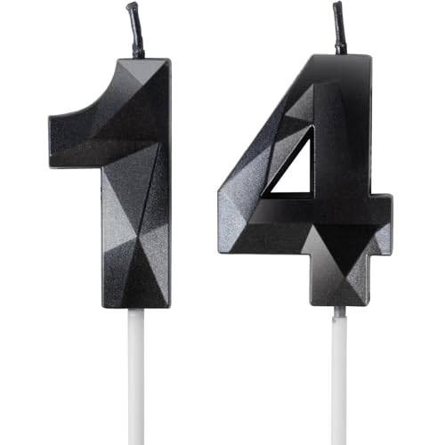 Geburtstagskerzen Zahl 14 Schwarz - 3D Schwarze Kerzen zum 14 Geburtstagsdeko (Nummer 14 Kerze Tortenkerzen) Geburtstagsparty Feier