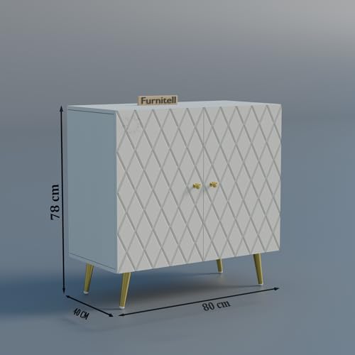Image of Modern Wooden Storage Cabinet with 2 Doors | Geometric Design Sideboard /Cupboard for Living Room | Multipurpose Organizer for Bedroom & Entryway | HDMR Premium Wood | Gold Metal Legs(White)