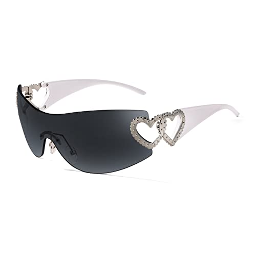 FEISEDY Y2K Rimless Sunglasses Heart for Women Men Around Wrap Fashion Futuristic 2000s Trendy Shield B29812