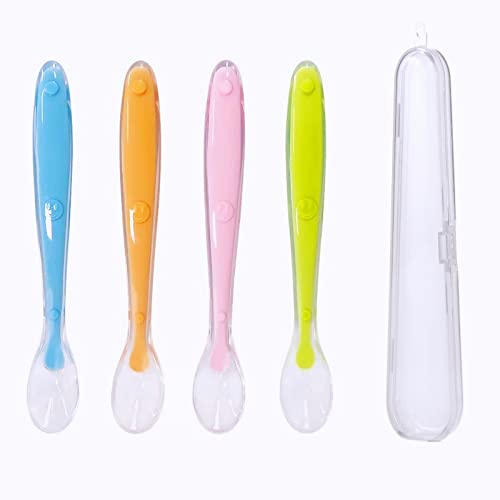 4 Pezzi Cucchiaio Svezzamento、Cucchiaino Svezzamento Mamma、Cucchiai per Bambini Senza BPA、Cucchiaino Silicone Neonato、Con 1 scatola portaoggetti (Sorrisi)