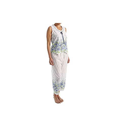 La Cera Women's Roses Pajamas - Floral Print Sleeveless Shirt Capri Pants Pj Set, White - Small #TOP11