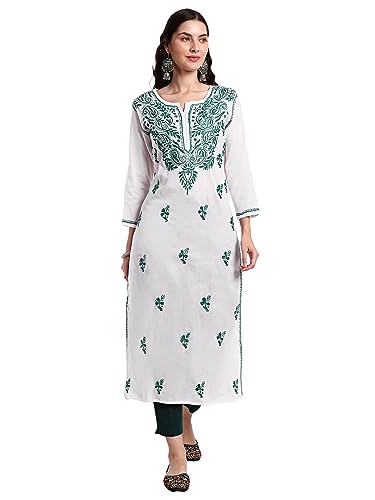 Image of Seva Chikan Hand Embroidered Lucknowi Chikankari Regular Straight Cotton Kurta Kurti for Women SCL4243