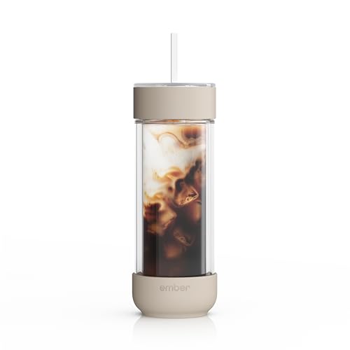 Ember Cold Tumbler 16 oz Insulated Glass Iced Coffee Cup with Straw & Spill-Proof Lid Keeps Drinks Cold Eliminates Condensation Modern Double-Wall Design Sandstone