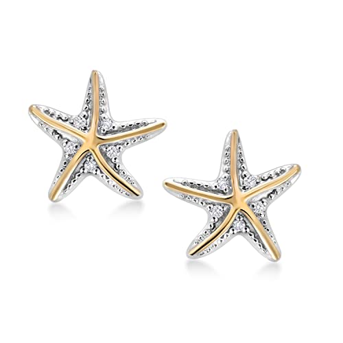 Gem Stone King 925 Sterling Silver and 10K Yellow Gold White Lab Grown Diamond Starfish Stud Earrings For Women (E-F Color and VVS-VS Clarity, 12X12MM)2
