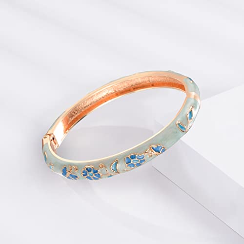 Ujoy Handcraft Bangle Enameled Floral Colorful Cloisonne Jewelry Gold Spring Hinged Cuff Bracelets Gifts For Holiday Birthday 55B01 Light Blue #TOP1