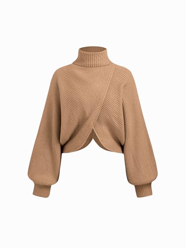 CIDER Cropped Sweaters for Women Turtleneck Sweater Long Sleeve Ribbed Knit Lantern Sleeve Pullover Fall Outfits