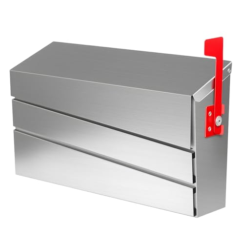 Wall-Mount Mailbox, Brushed Stainless Steel Panel, Rust Resistant Large Capacity House Mailbox, Modern Drop Mailboxes for Outside, Metal Post Box with Flag (No Keys Locking) Flag Silver