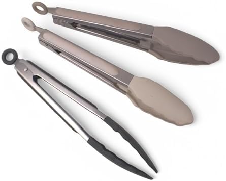 Deconox Mutfak Maşası Yemek Izgara Salata Barbekü Kızartma Maşası, Isıya Dayanıklı Paslanmaz Çelik Saplı Silikon Yemek Maşası 3 Renk Seçeneği (Gri-Krem-Bej) (BEJ) - Görsel 3