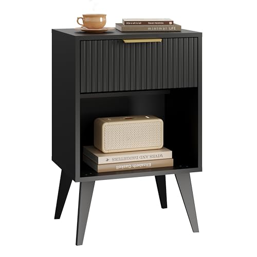 YAUKOMEL Fluted Night Stand with Opening Storage,Mid Century Bedside Table with Drawer,Black...