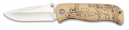Navaja con grabado CIERVO BERREA Madera 8,5 cm para Caza, Pesca, Camping, Outdoor, Supervivencia y Bushcraft Albainox 19876GR571 + Portabotellas de regalo