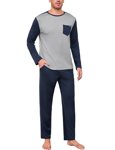 Terecey Conjunto de Pijama Hombre con Bolsillos en el Pecho Pijama Hombre Largo 2 Piezas Camiseta de Cuello Redondo y Pantalón Suave y Transpirable Ropa de Dormir de Casa para Otoño Invierno