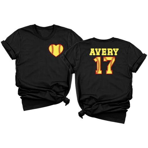 Custom Softball Shirt Softball Heart Shirt with Custom Number and Name Softballl T-Shirts for Woman Softballll Shirts for Girl Softballl Game Day T-Shirt Adult and Kids Sizes