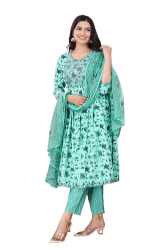 Flower Printed Rayon Kurti with Printed Pant & Dupatta Set for Women