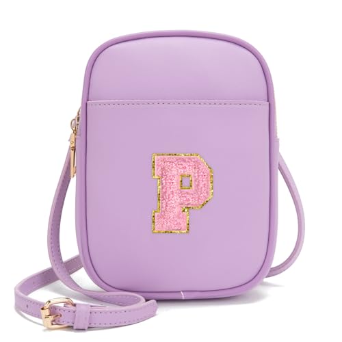 Toddler Purse Initial Crossbody Bags for Girls 3 Pockets PU Leather Cross Body Bag Crossbody Purse Handbag Personalized Preppy Teen Girl Gifts Trendy Stuff (Lavender P)