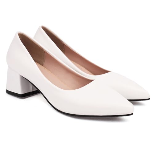 MIOKE Women's Square Toe Chunky Low Block Heel Pumps Leather Slip-On Comfort Casual Work Office Dress Shoes2