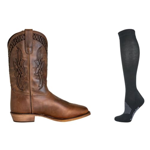 TuffRider Men's Grand Canyon Wide Square Toe Western Boot- Brown-With Free Assorted Striped Socks