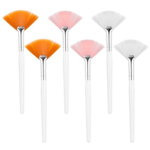 BOHUIZ 6 Pcs Fan Brushes for Facial, Slim Soft Facial Fan Brush Soft Makeup Brushes Face Mask Applicator for Glycolic Peel Masques Women Mud Clay Mask Esthetician Supplies(Pink, White, Yellow)