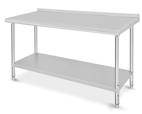 Image of 60x24x35inch Double Layer Stainless Steel Prep Table No Caster Wheels with Backsplash
