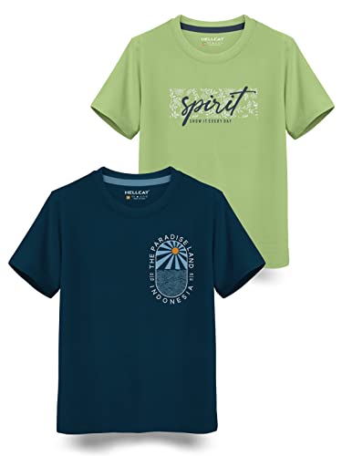 Image of HELLCAT Boys Round Neck Printed Blended Cotton Tshirt -Combo Pack of 2 - Orange /Blue