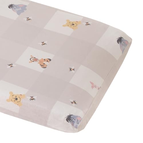 Image of Disney Winnie The Pooh Hugs and Honeycombs Grey and White Plaid with Piglet, Tigger and Eeyore Contoured Changing Pad Cover