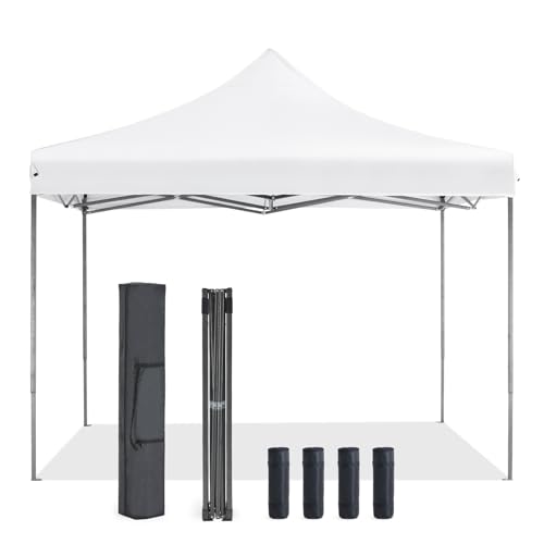 OLIXIS 10x10 Ft Pop Up Canopy Tent, Waterproof Portable Outdoor Shade Canopy with Sand Bags for Beach, Backyard Parties & Events, Pure White
