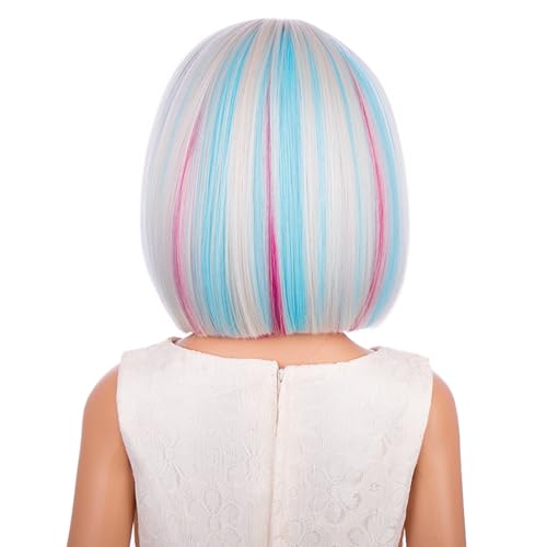 Image of PATTNIUM Kids Blonde Blue Mixed Pink Wig with Bangs Girls Short Colorful Wig Women Rainbow Bob Wigs Synthetic Party Costume Cosplay Halloween Wigs