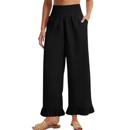 Image of Women Linen Pants Dressy Casual Summer Boho Ruffle Hem Wide Leg Cropped Pants Smocked High Waisted Palazzo Pant