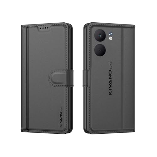 Image of KIVANO LUXE Compatible for Oppo A5X 5G Luxury Handmade Leather Magnetic Flip Folio Case | Card Holder & Kickstand | Slim Protective Cover | Unisex - Black