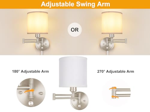Image of Plug in Wall Sconces with Remote Control, Dimming & Adjustable Colors 2700K-6500K, Hardwire or Plug-in, Swing Arm Wall Lamp with White Fabric Shade, Wall Sconces Set of Two, Brushed Nickel Finish