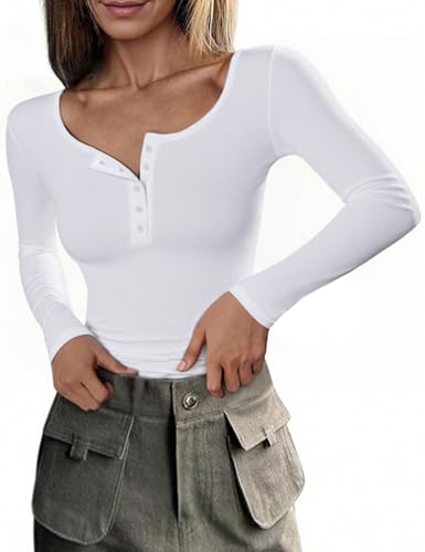 Totatuit Camiseta Mujer Manga Larga Cuello Henley de Algodón Casual Sexy Color Sólido Básica Ajustada Cómoda Túnica Blanco，S