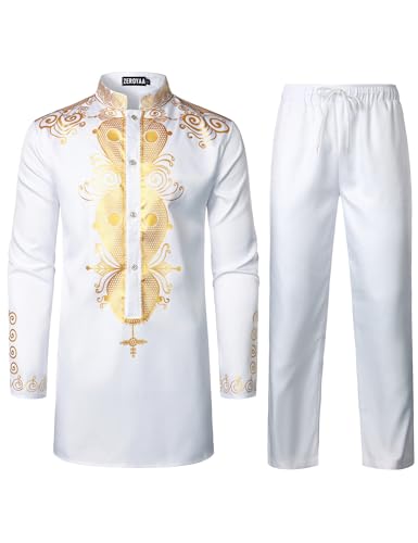 ZEROYAA Men's Africa Suit Long Sleeve Button Down Bronzing Print Shirt and Pants Outfit Traditional 2 Piece Set