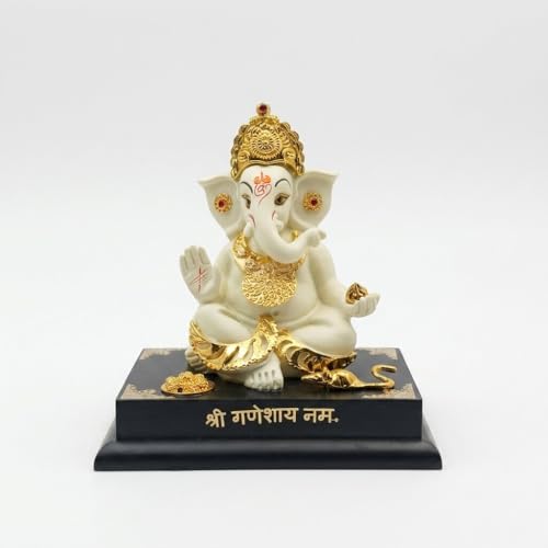 Image of Ganesha Idol for Home Decor | 4 Inch Golden Resin Ganpati Murti | Small Ganesh Ji Idol for Car Dashboard, Office Desk, Pooja Room | Vastu Decorative Statue (172g)