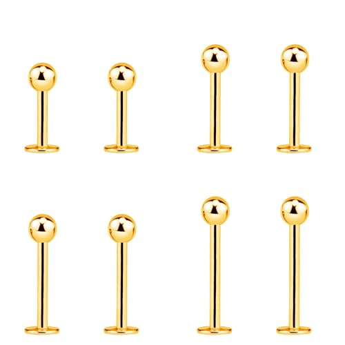 NewkeepsR 8PCS-16G(1.2mm) Gold Surgical Steel Labret Earring 3mm Plain Balls, Flat Back Lip Ears Small Helix Studs Conch Tragus Piercing Jewellery