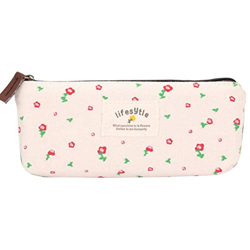 Assorted Flower Floral Canvas Pen Holder Stationery Pencil Pouch Cosmetic Bags Organizer Case, White