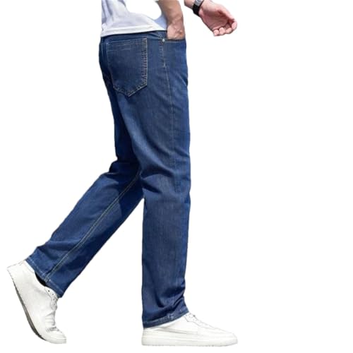 Men Spring Summer Loose Straight Denim Pants Thin Breathable Print Jeans Blue Trousers