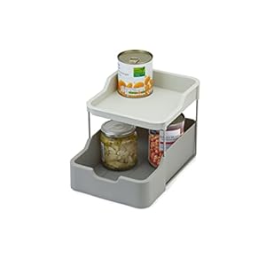 Joseph Joseph Duo 2-tier Cupboard Organiser with Drawer, Kitchen and Storage Organiser for Spices, Packets and Cans, Grey