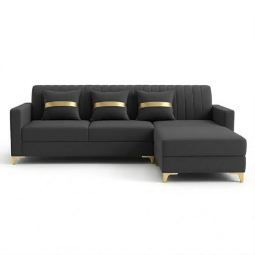 Image of CASASTYLE Signature Groovy 4-Seater L-Shape Sofa Set with Movable Ottoman | Flexible LHS /RHS Layout | Smooth Boston Fabric & Plush Cushions | 40D Foam + Zigzag Spring | 3-Yr Warranty (Dark Grey)