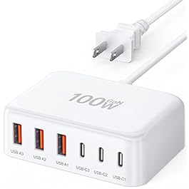 USB C Fast Charger, 100W GaN 6 Port Type Charging Station Hub Block Cube, Wall Charger Power Strip Adapter Plug for iPad iPhone 16 15 14 13 12 Pro Max Pixel Note Galaxy, 5ft Cord
