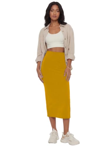 Image of Rooscier Women's High Waisted Pencil Midi Skirt | Stretchy Bodycon Knee Length Skirts with Back Slit