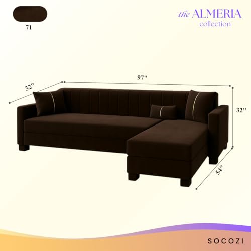 Image of SOCOZI Almeria 5 Seater RHS L Shape Sofa Set | Soft Velvet Suede Fabric | Modern Design | Plush Comfort Cushions for Living Room (Dark Brown)