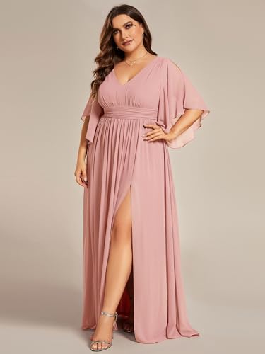 Image of Ever-Pretty Plus Women's Plus Size V Neck Half Sleeves Slit A Line Floor Length Bridesmaid Dress 01886-DA