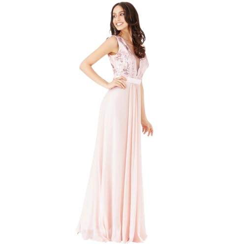 Goddiva Damen Pailletten V-Ausschnitt Chiffon Maxi Prom Party Kleid, nude, 42