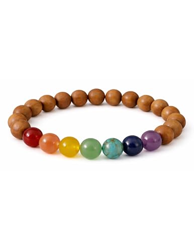 happymaker - 7 Chakra Armband Damen Herren Edelstein Armband mit Sandelholz Perlen 8 mm elastisch & größenverstellbar Balance & Energie handgefertigt in Deutschland