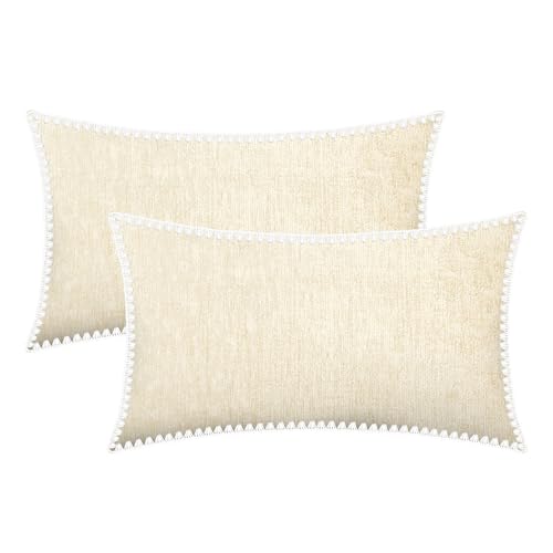 BRAWARM Chenille Throw Pillow Covers 12x20 Inches, Cream, 2 Pack