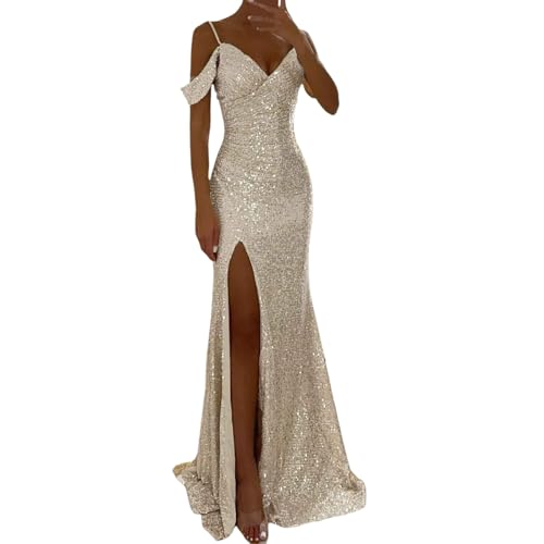 Mymyguoe Robe de Soirée Longue à Paillettes - Épaules Dénudées - Col en V - Scintillante et Formelle pour Demoiselle d'Honneur