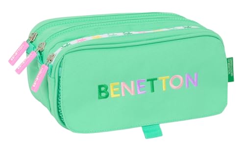 Safta BENETTON MINT Porta-tudo triplo grande, estojo infantil, estojo infantil, ideal para crianças na idade escolar, confortável e versátil, qualidade e resistência, 21,5 x 8 x 10 cm, Verde menta