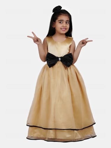 Image of Baby Girls Gold Satin Round Nack Fit and Flare Long Maxi Dress (WLT-059 4-5Years Kidswear)