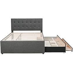 Cama tapizada de 140 x 200 cm, cama doble de lino con cama extraíble y 3 cajones, altura regulable, cabecero nido, cama familiar (gris oscuro)