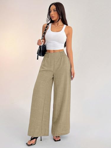 Image of Sugathari Women's Casual Wide Leg Pants - High Waist Elastic Waistband Loose Fit Long Trousers | Lightweight Straight Leg Summer PantsTrouser 254