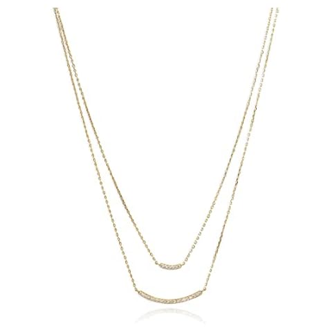 IVY & BAUBLE 14K Gold Plated .925 Sterling Silver Double Strand Curved CZ Bar Layered Necklace, 16" + 2" extension, Gift for Women Cover